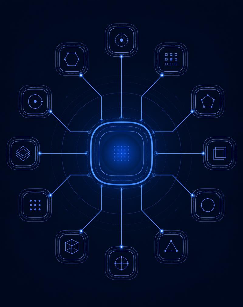 Abstract diagram of a central node connected to surrounding infrastructure modules